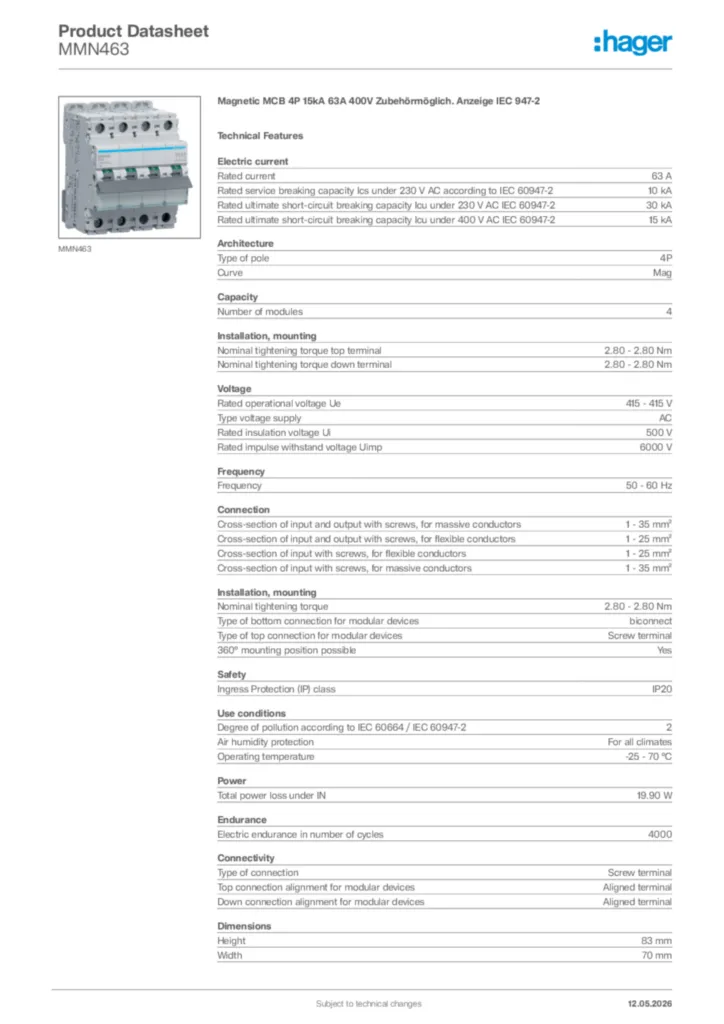 Image Hager Product data sheet MMN463  | Hager Africa