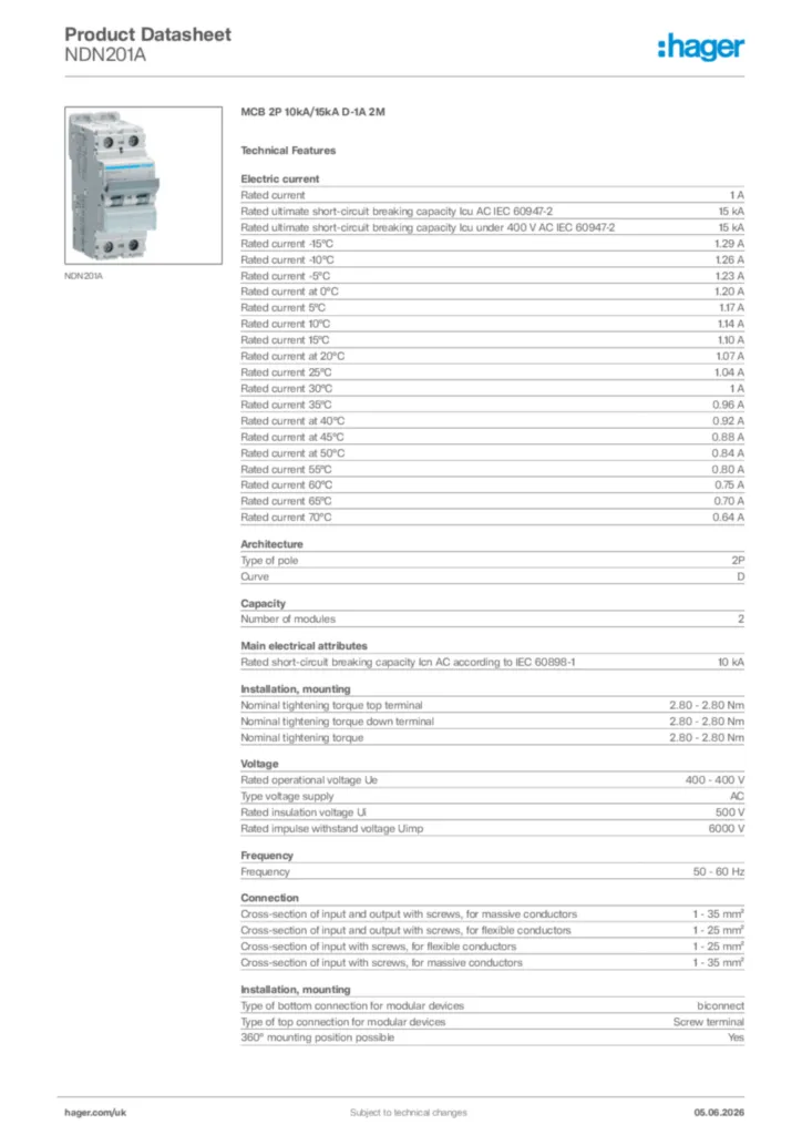 Image Hager Product data sheet NDN201A  | Hager