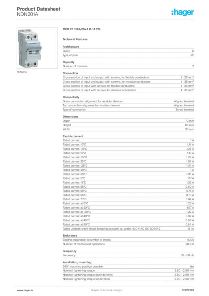 Image Hager Product data sheet NDN201A  | Hager