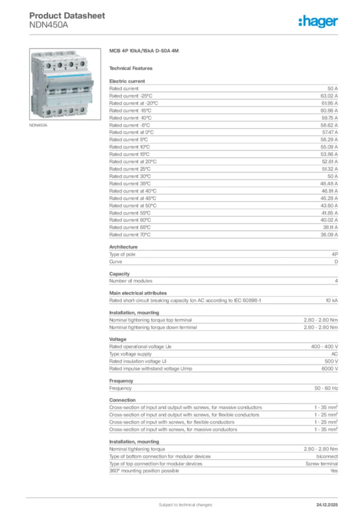 Image Hager Product data sheet NDN450A  | Hager Africa