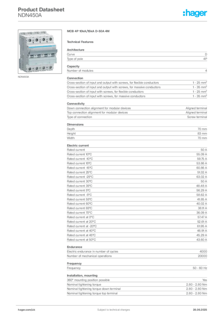 Image Hager Product data sheet NDN450A  | Hager