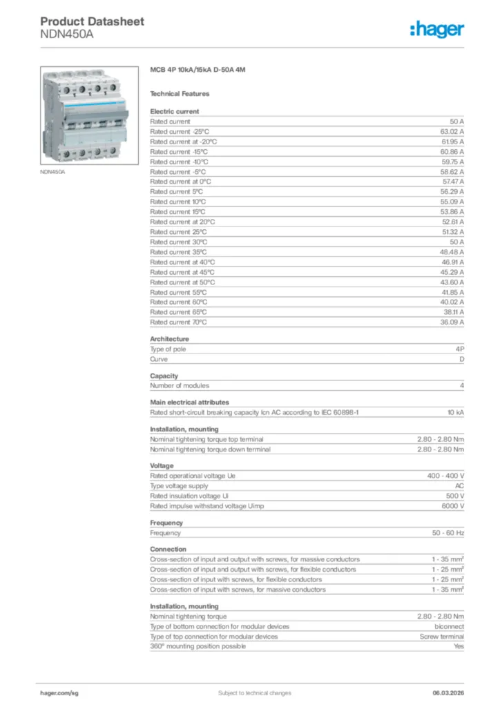 Image Hager Product data sheet NDN450A  | Hager