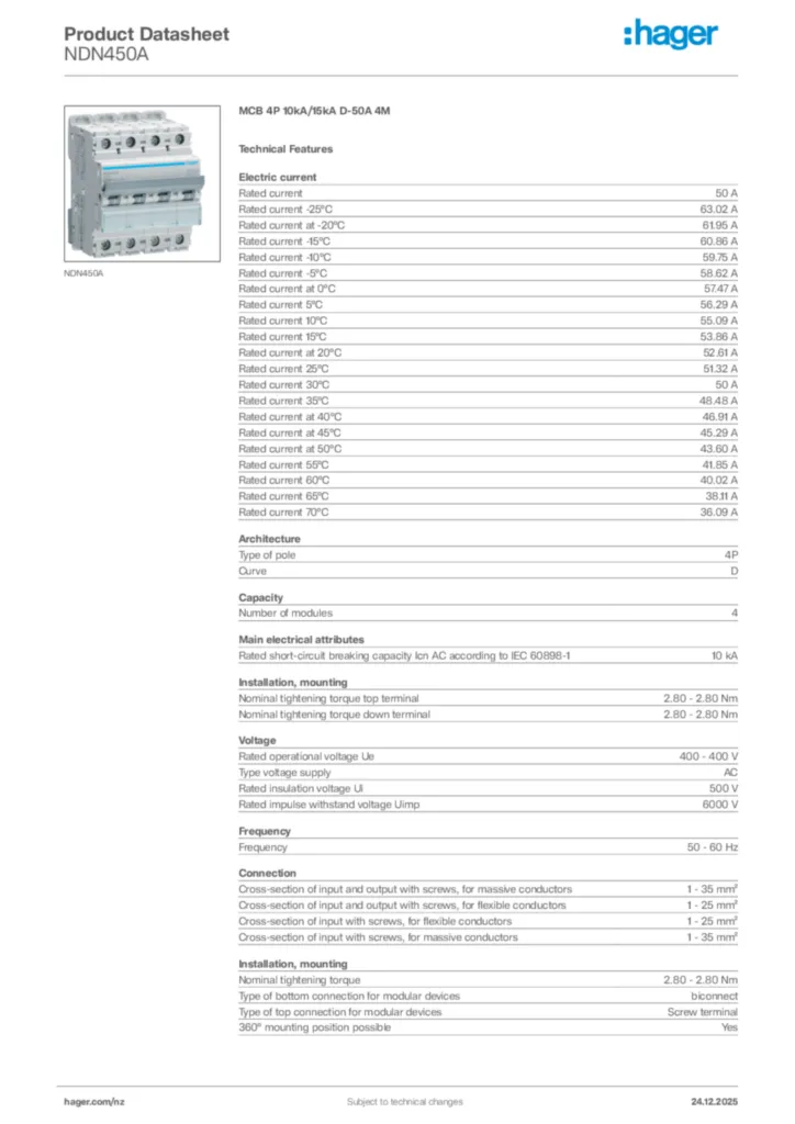 Image Hager Product data sheet NDN450A  | Hager New Zealand