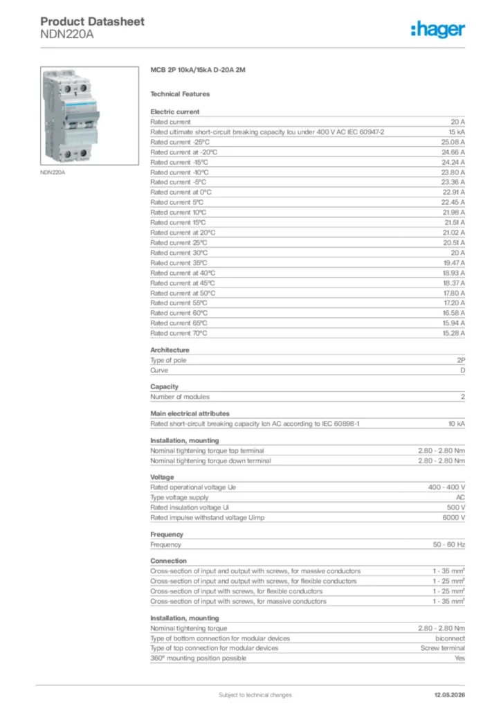 Image Hager Product data sheet NDN220A  | Hager Africa