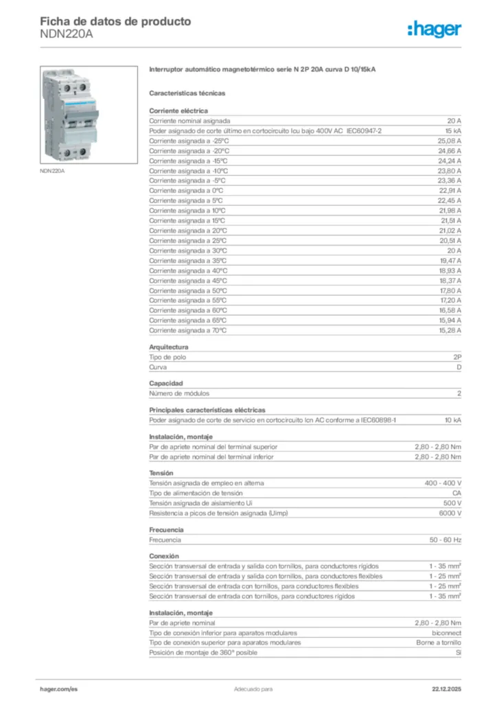 Imagen Hager Ficha de datos de producto NDN220A | Hager España