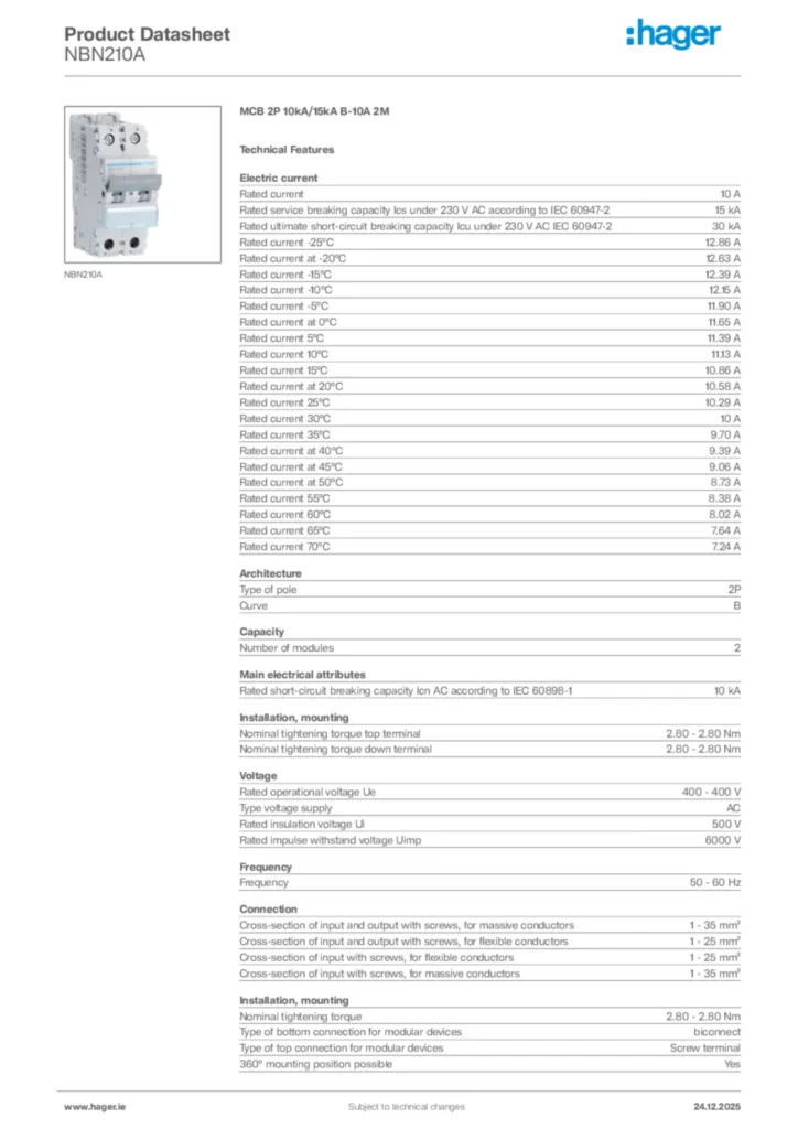 Image Hager Product data sheet NBN210A  | Hager