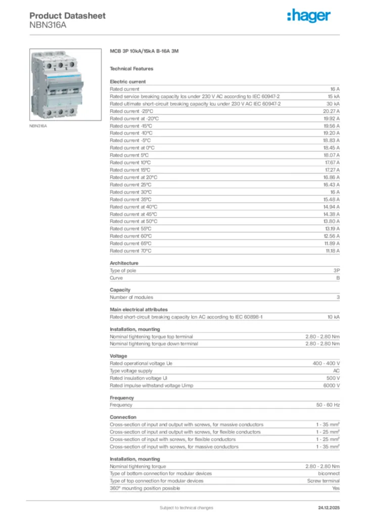 Image Hager Product data sheet NBN316A  | Hager Africa