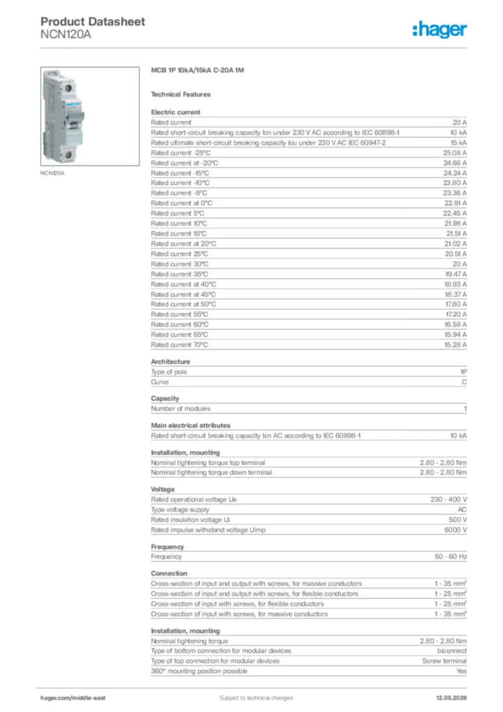 Image Hager Product data sheet NCN120A  | Hager