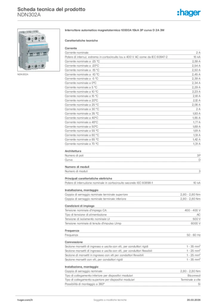 Immagine Hager Scheda tecnica del prodotto NDN302A | Hager Italia