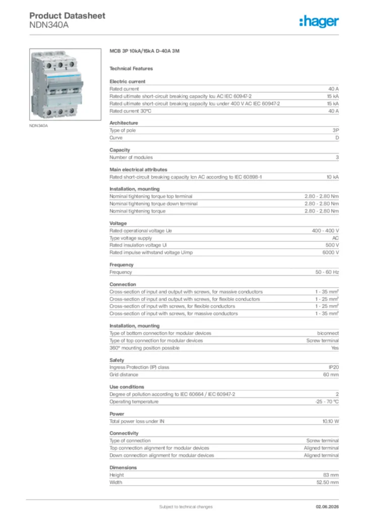 Image Hager Product data sheet NDN340A  | Hager Africa