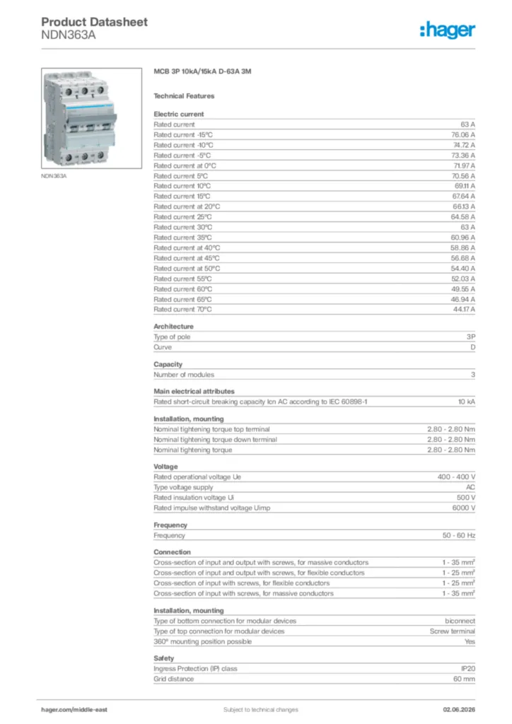Image Hager Product data sheet NDN363A  | Hager