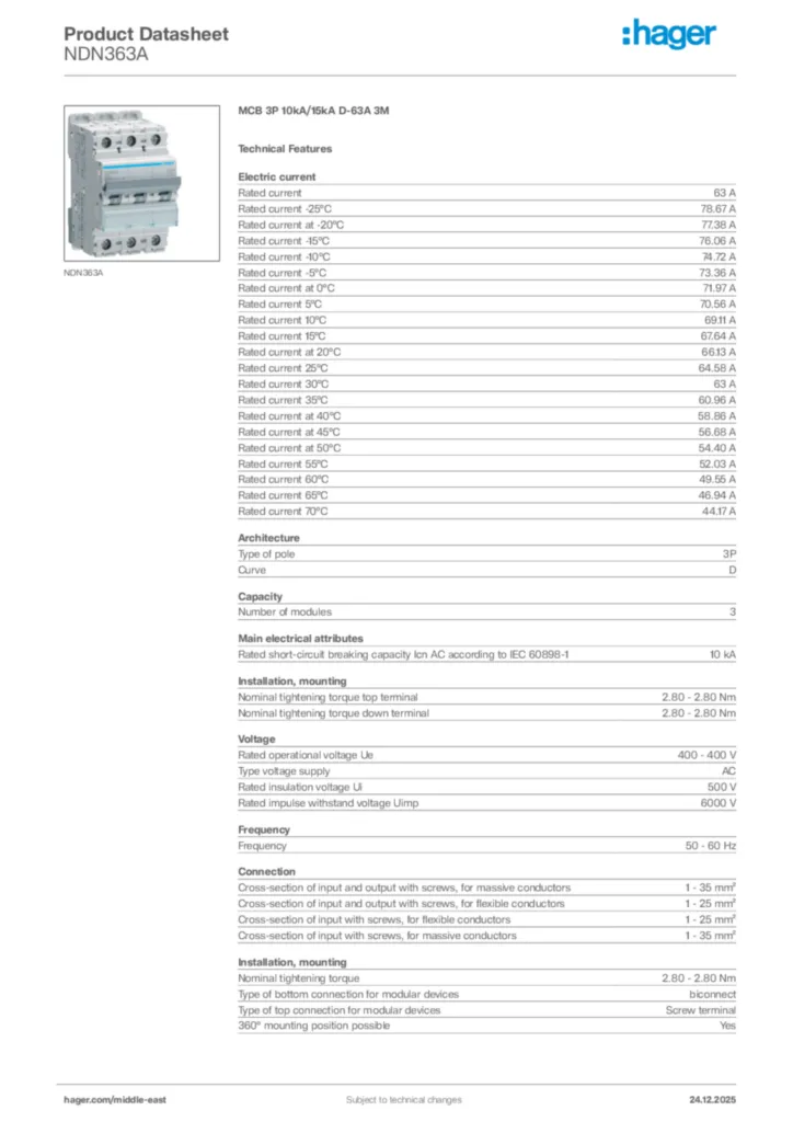 Image Hager Product data sheet NDN363A  | Hager