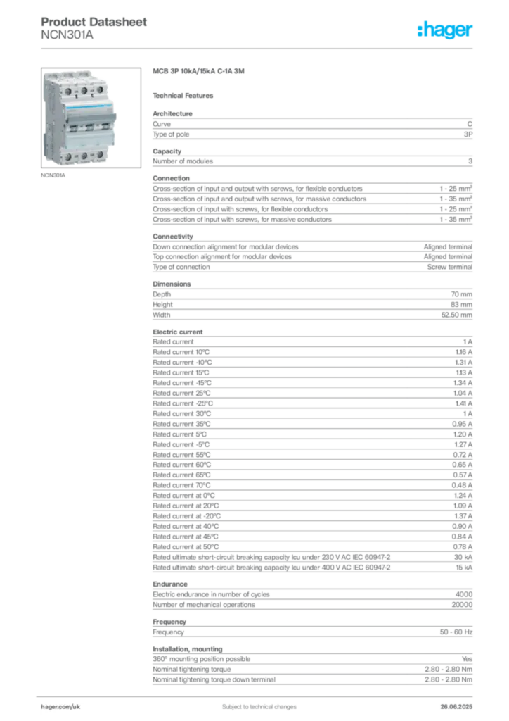 Image Hager Product data sheet NCN301A  | Hager