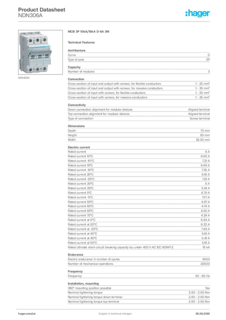 Image Hager Product data sheet NDN306A  | Hager