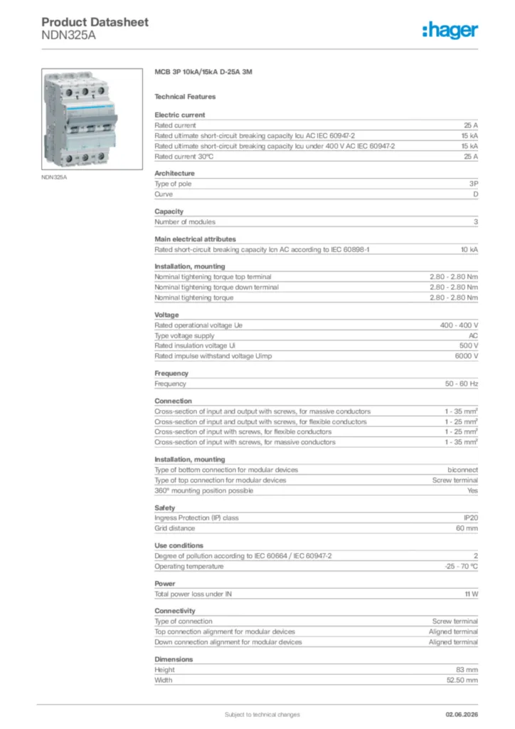 Image Hager Product data sheet NDN325A  | Hager Africa