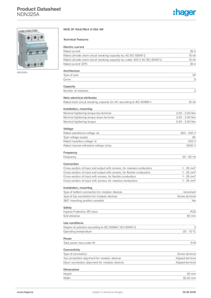 Image Hager Product data sheet NDN325A  | Hager