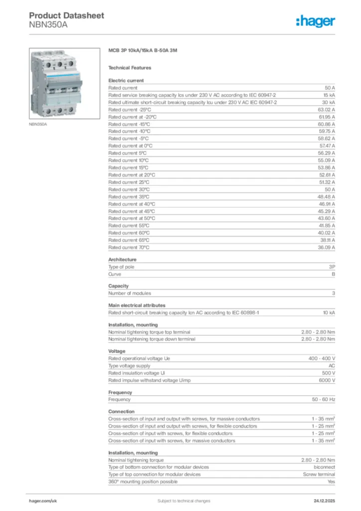 Image Hager Product data sheet NBN350A  | Hager