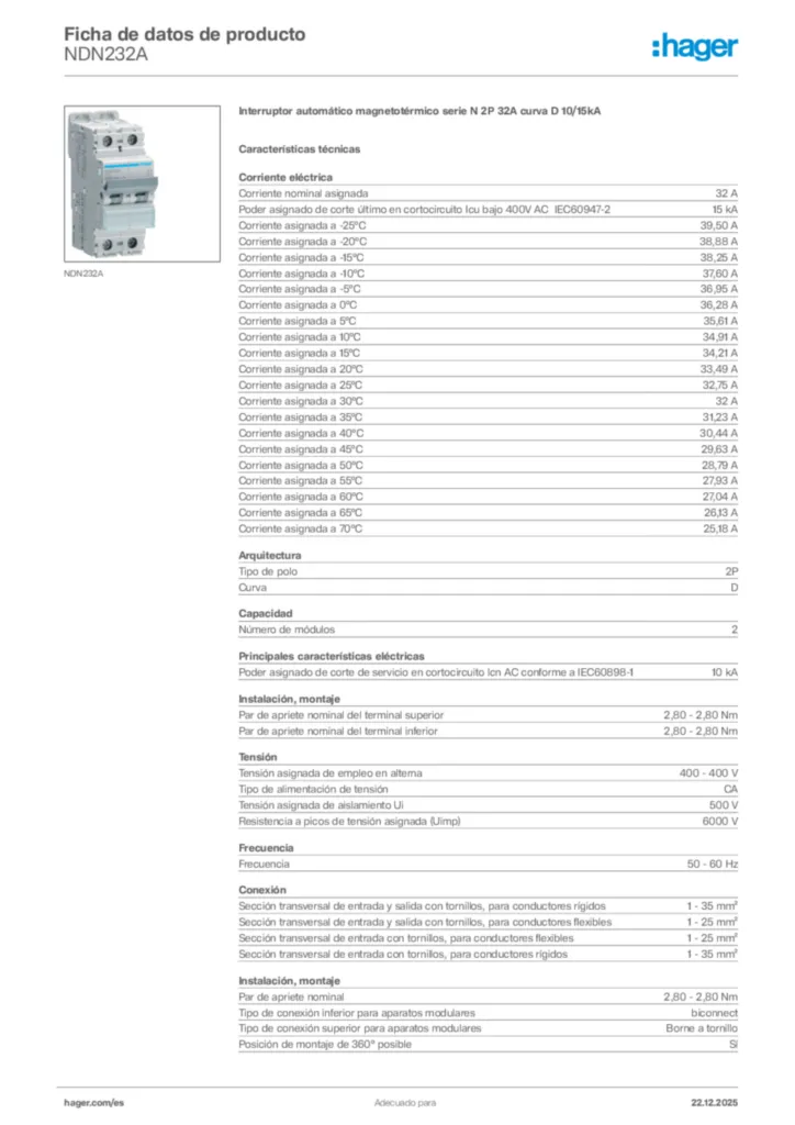 Imagen Hager Ficha de datos de producto NDN232A | Hager España