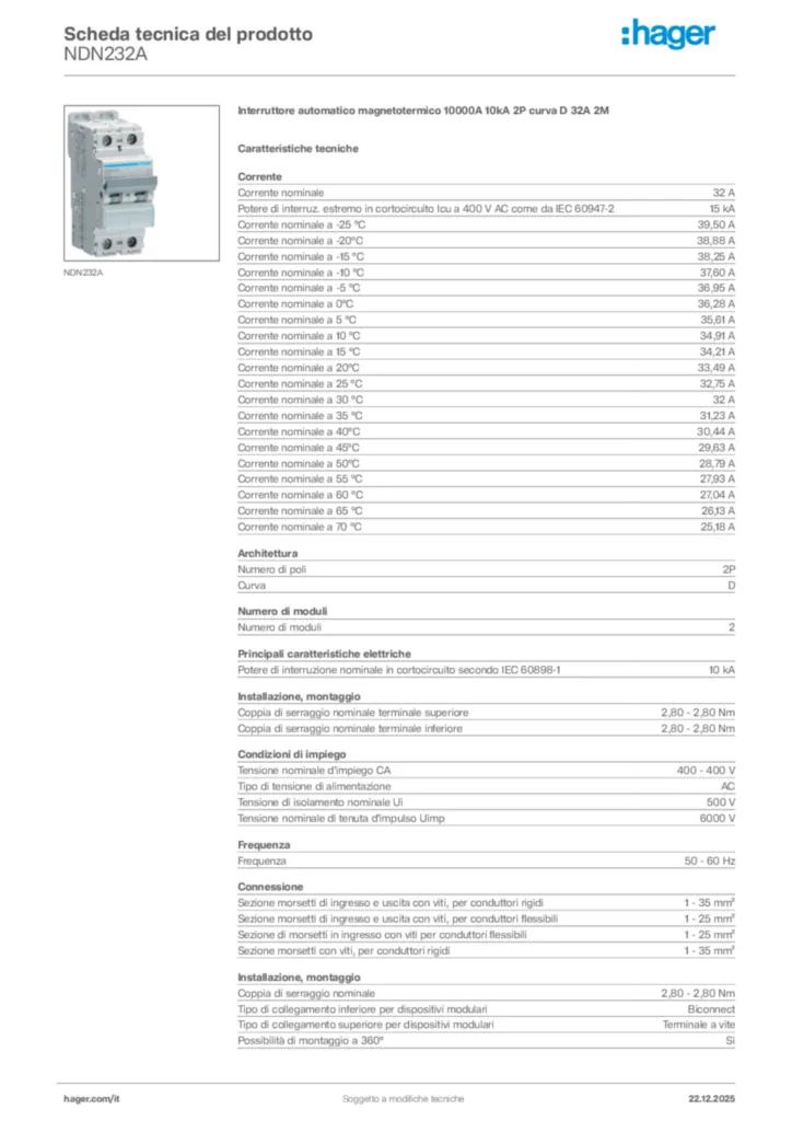 Immagine Hager Scheda tecnica del prodotto NDN232A | Hager Italia