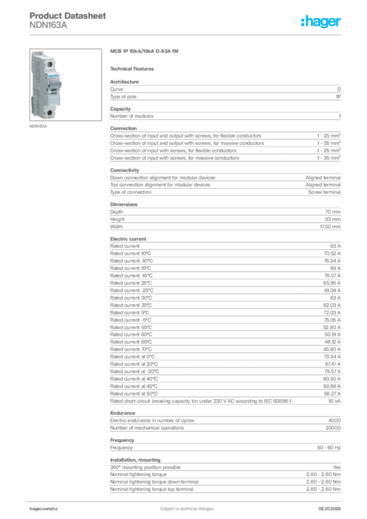 Image Hager Product data sheet NDN163A  | Hager New Zealand