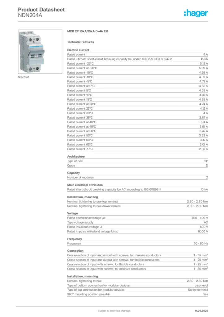 Image Hager Product data sheet NDN204A  | Hager Africa