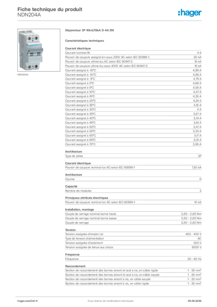 Image Hager Fiche technique du produit NDN204A | Hager Afrique