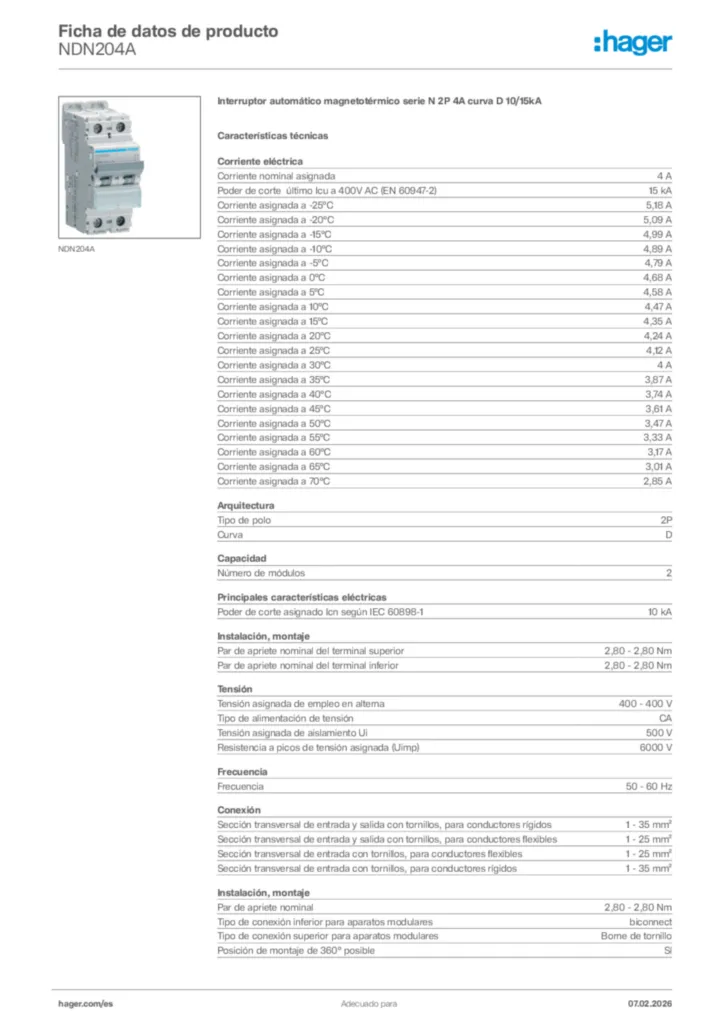 Imagen Hager Ficha de datos de producto NDN204A | Hager España