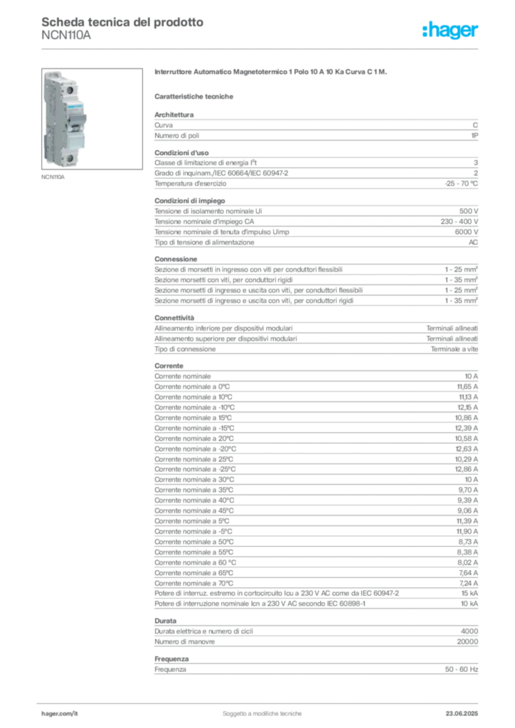 Immagine Hager Scheda tecnica del prodotto NCN110A | Hager Italia