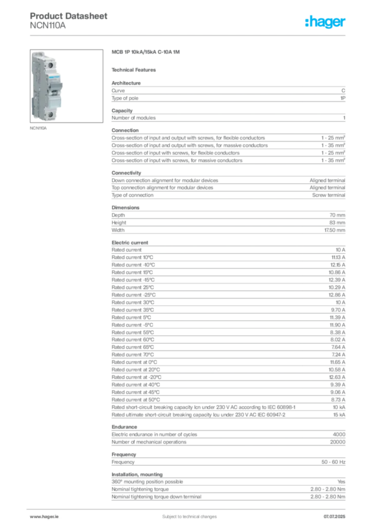 Image Hager Product data sheet NCN110A  | Hager