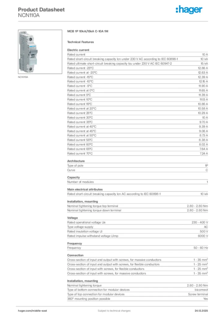Image Hager Product data sheet NCN110A  | Hager