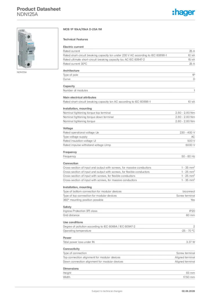 Image Hager Product data sheet NDN125A  | Hager Africa