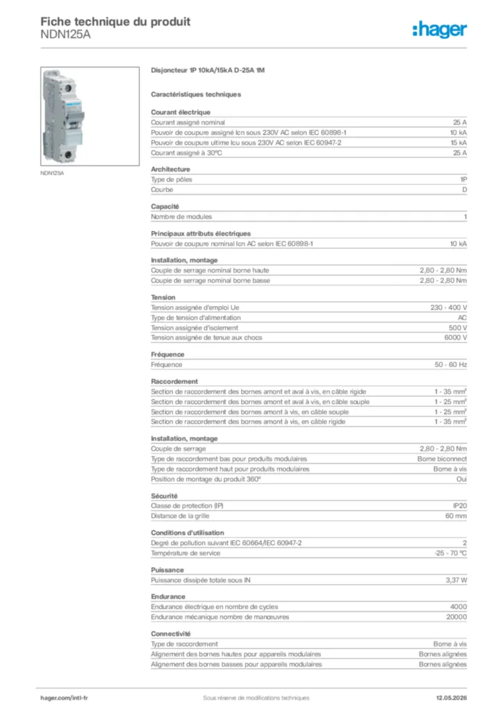 Image Hager Fiche technique du produit NDN125A | Hager Afrique