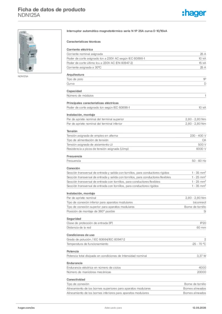 Imagen Hager Ficha de datos de producto NDN125A | Hager España