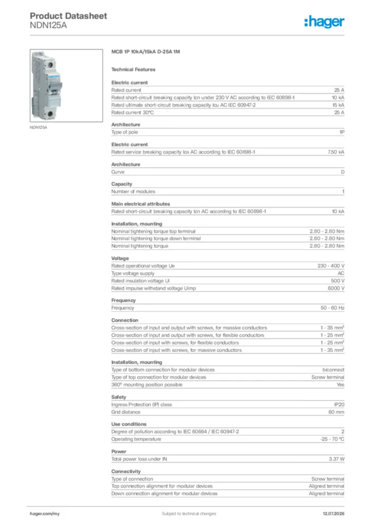 Image Hager Product data sheet NDN125A  | Hager