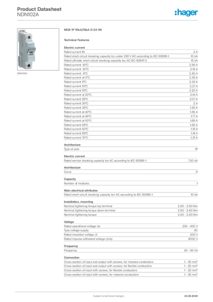 Image Hager Product data sheet NDN102A  | Hager Africa