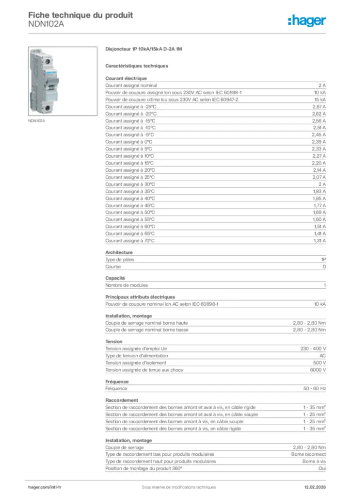 Image Hager Fiche technique du produit NDN102A | Hager Afrique