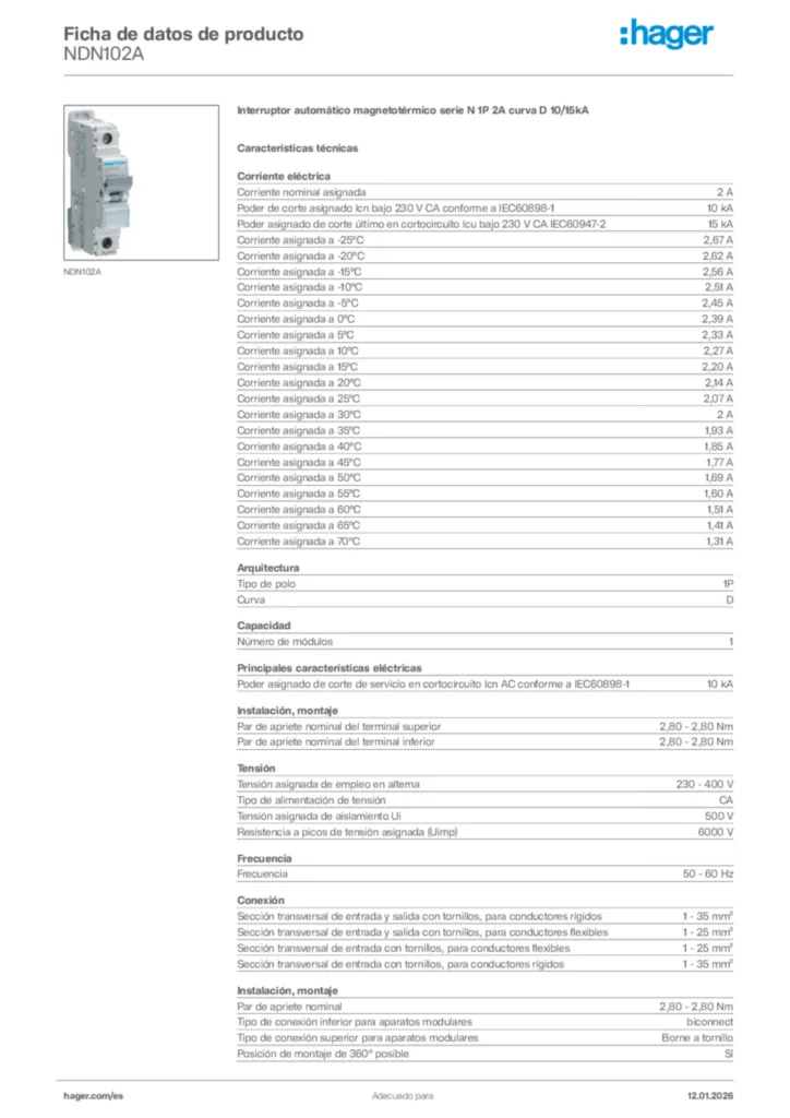 Imagen Hager Ficha de datos de producto NDN102A | Hager España