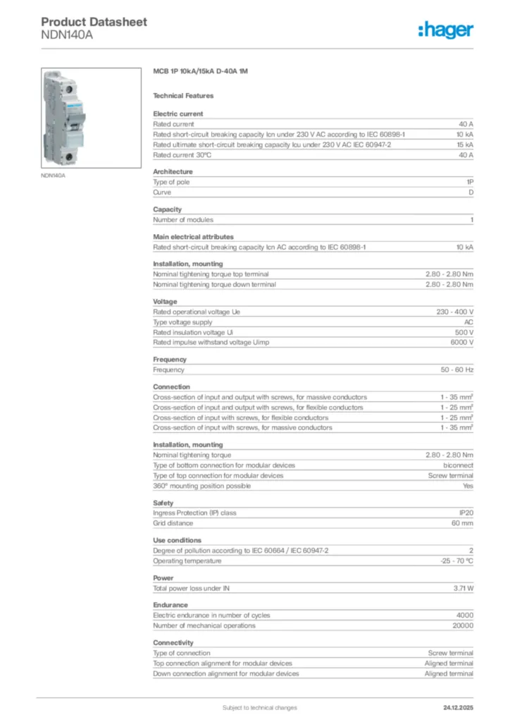 Image Hager Product data sheet NDN140A  | Hager Africa