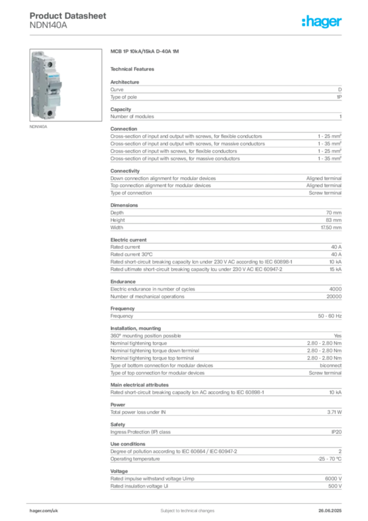 Image Hager Product data sheet NDN140A  | Hager