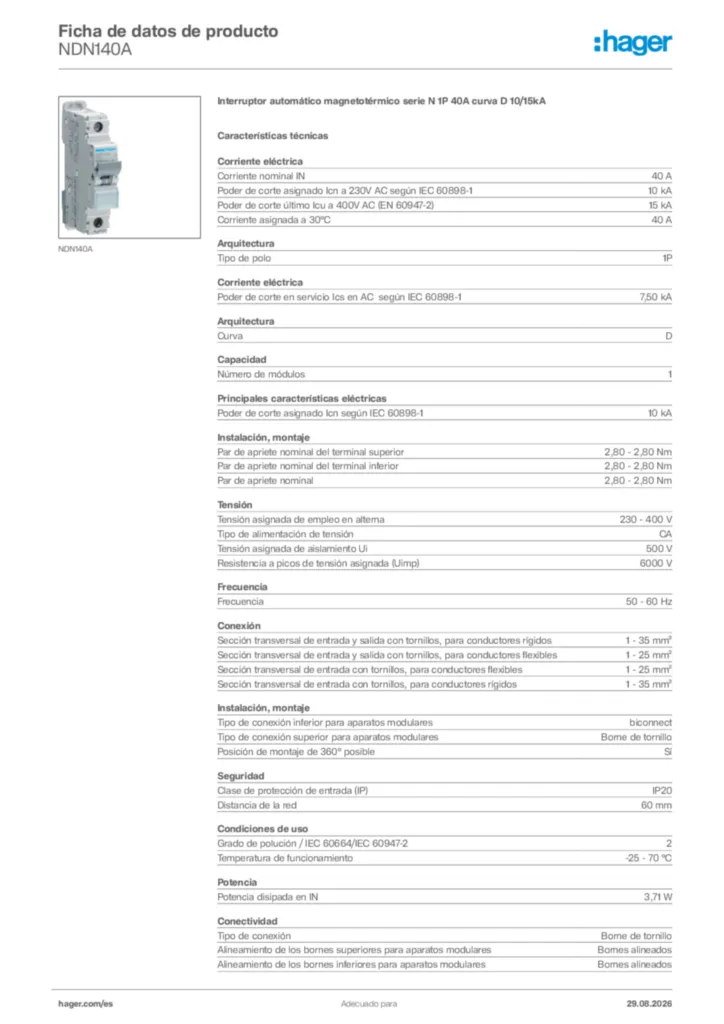 Imagen Hager Ficha de datos de producto NDN140A | Hager España
