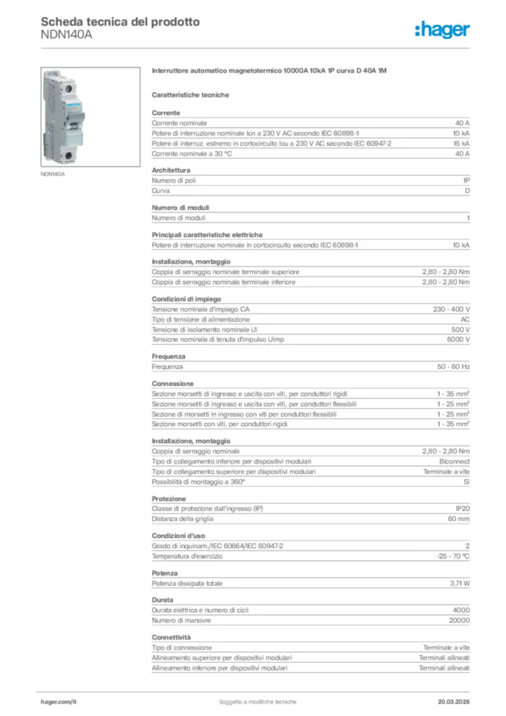 Immagine Hager Scheda tecnica del prodotto NDN140A | Hager Italia