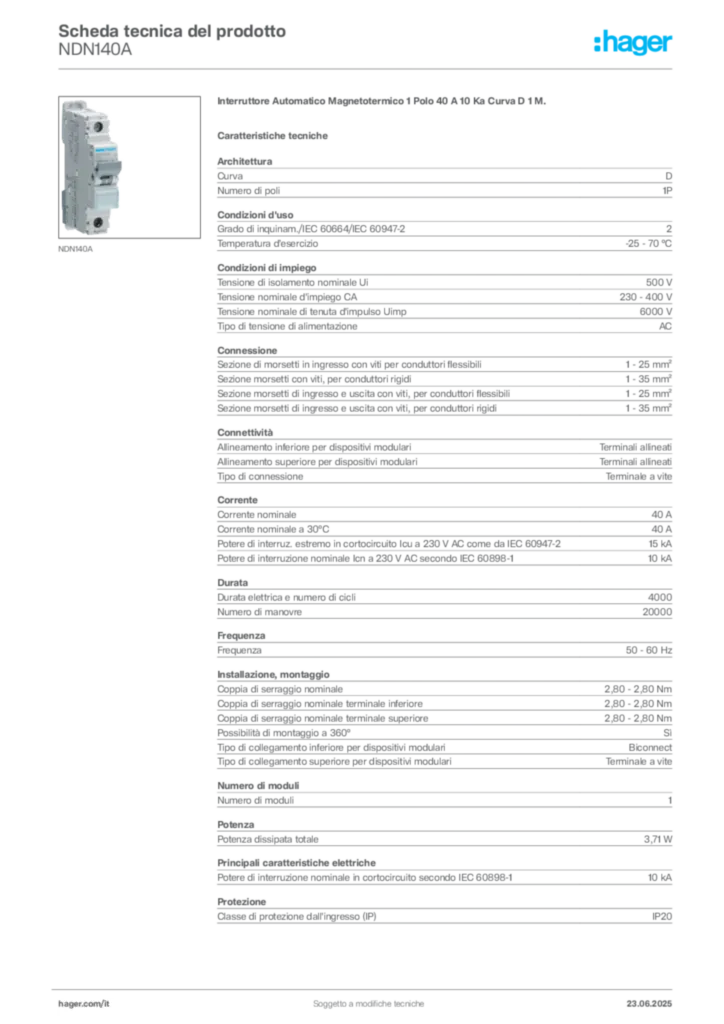 Immagine Hager Scheda tecnica del prodotto NDN140A | Hager Italia