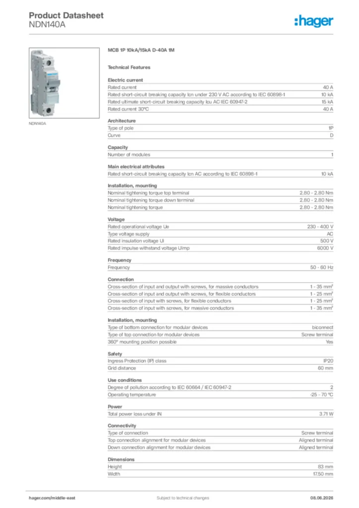 Image Hager Product data sheet NDN140A  | Hager