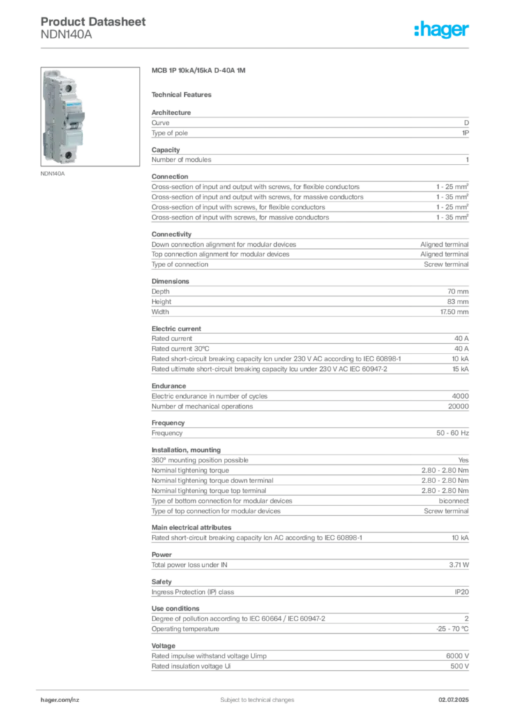 Image Hager Product data sheet NDN140A  | Hager New Zealand