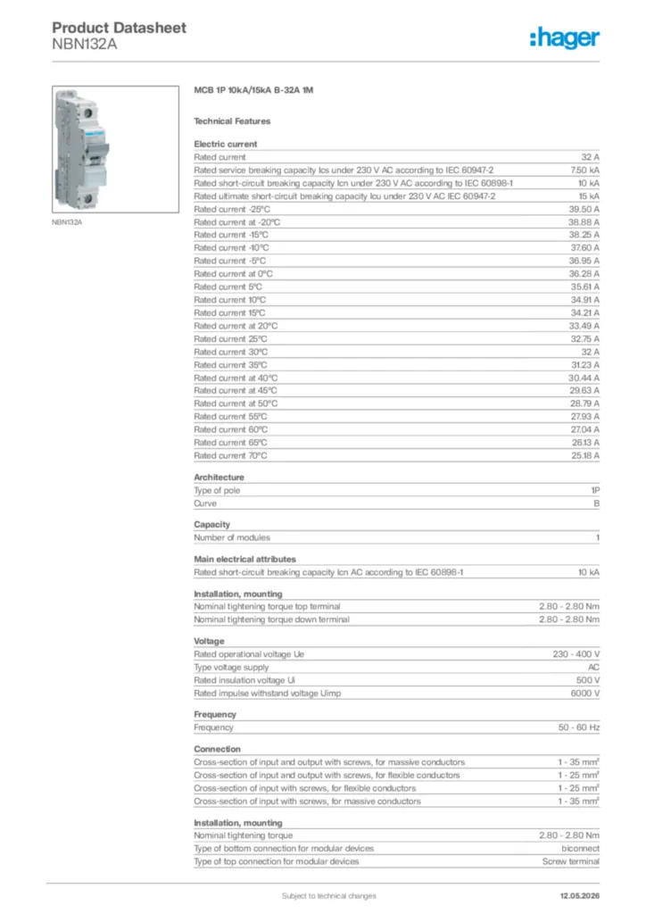 Image Hager Product data sheet NBN132A  | Hager Africa