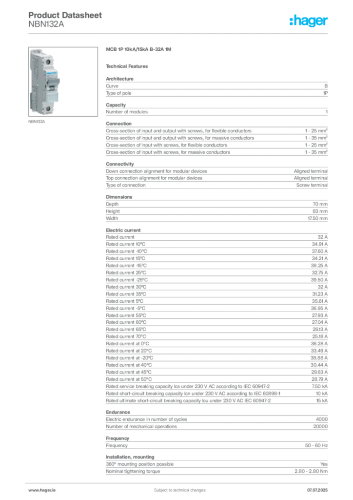Image Hager Product data sheet NBN132A  | Hager