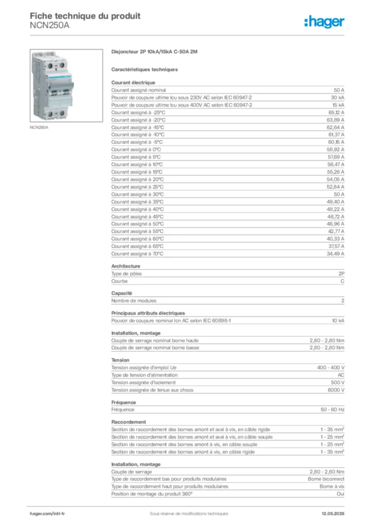 Image Hager Fiche technique du produit NCN250A | Hager Afrique