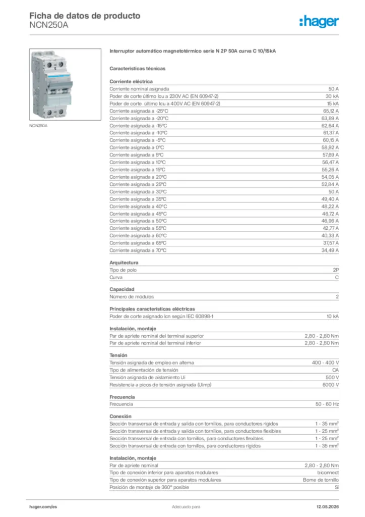 Imagen Hager Ficha de datos de producto NCN250A | Hager España