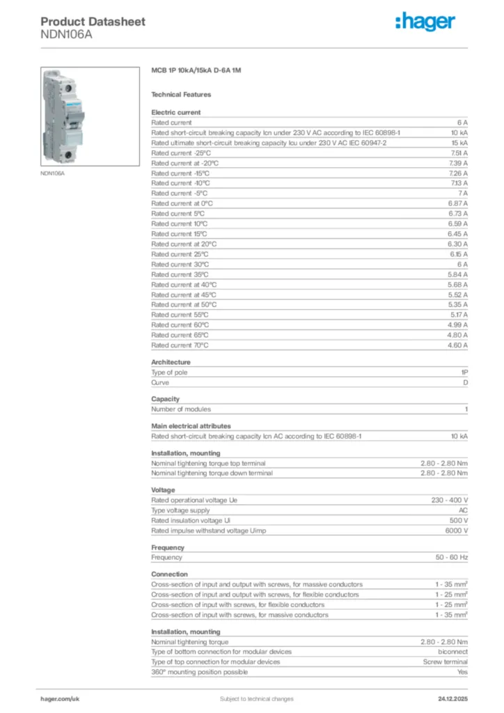 Image Hager Product data sheet NDN106A  | Hager