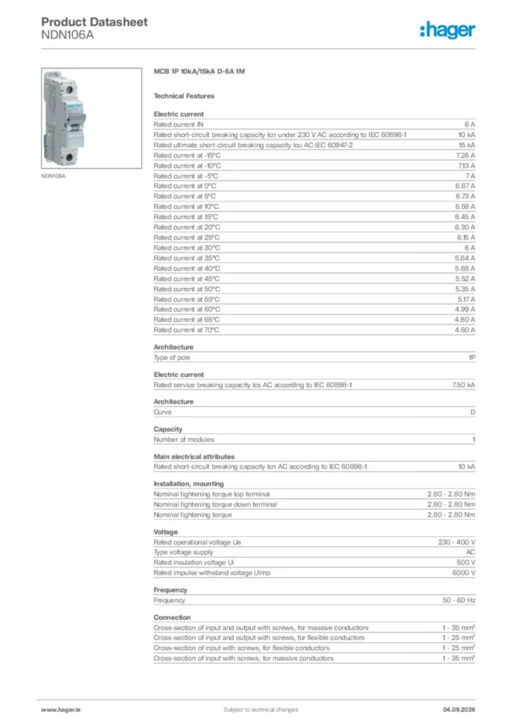 Image Hager Product data sheet NDN106A  | Hager